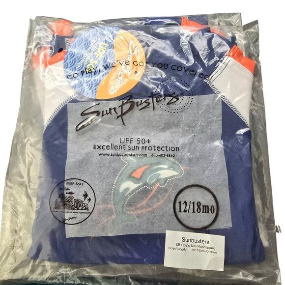 SunBusters Boys Rashguard Shirt UPF 50 Sun Protection Blue White 12/18 Mo JJ4125 - Picture 5 of 5